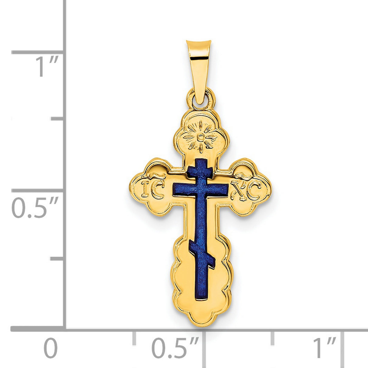 14k Yellow Gold Orthodox Cross Pendant with Deep Blue Enamel and IC XC Inscriptions