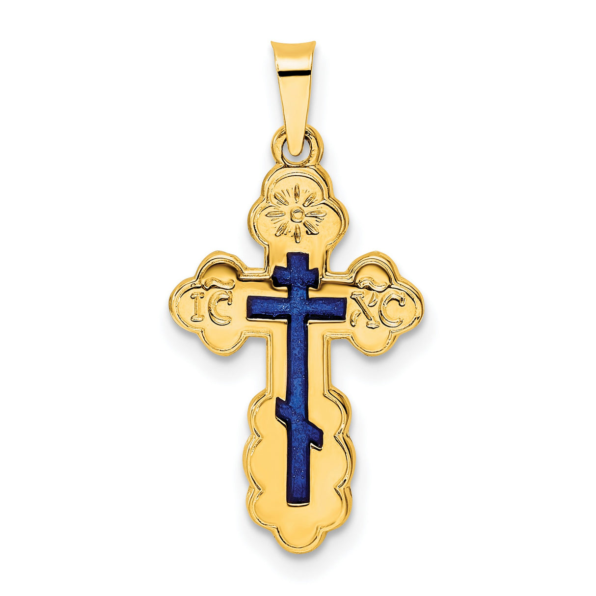 14k Yellow Gold Orthodox Cross Pendant with Deep Blue Enamel and IC XC Inscriptions