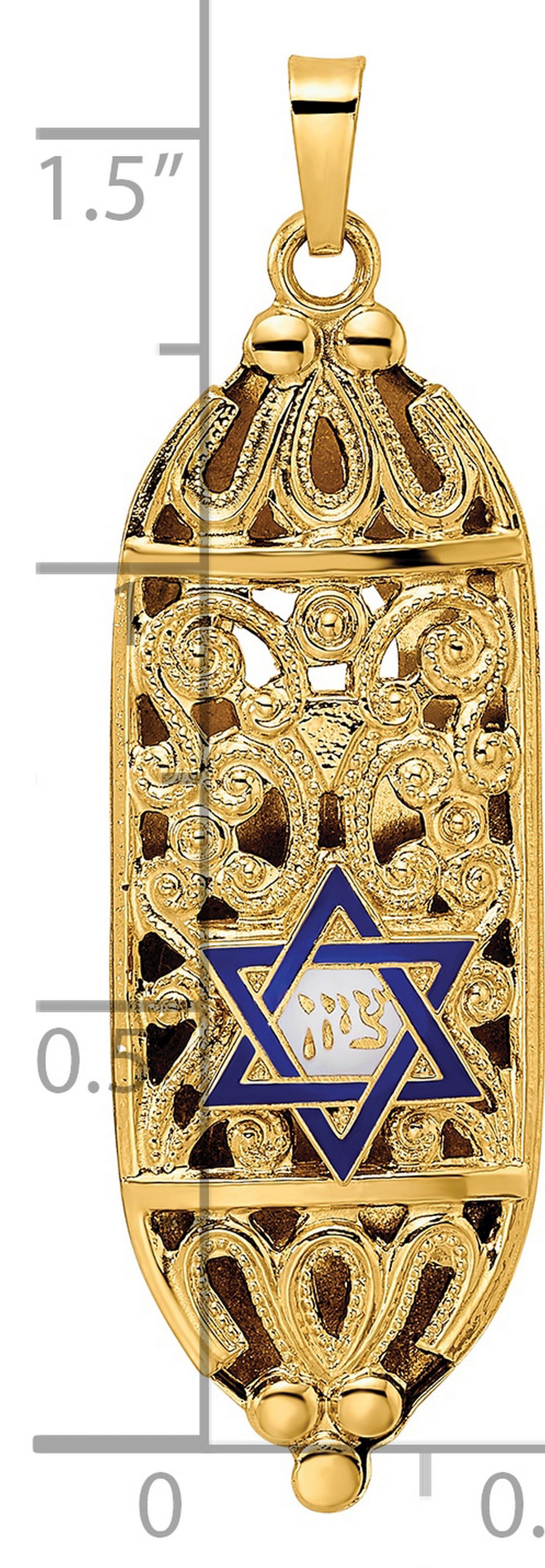 14k Yellow Gold Mezuzah Pendant with Filigree, Blue Star of David, Hebrew Lettering