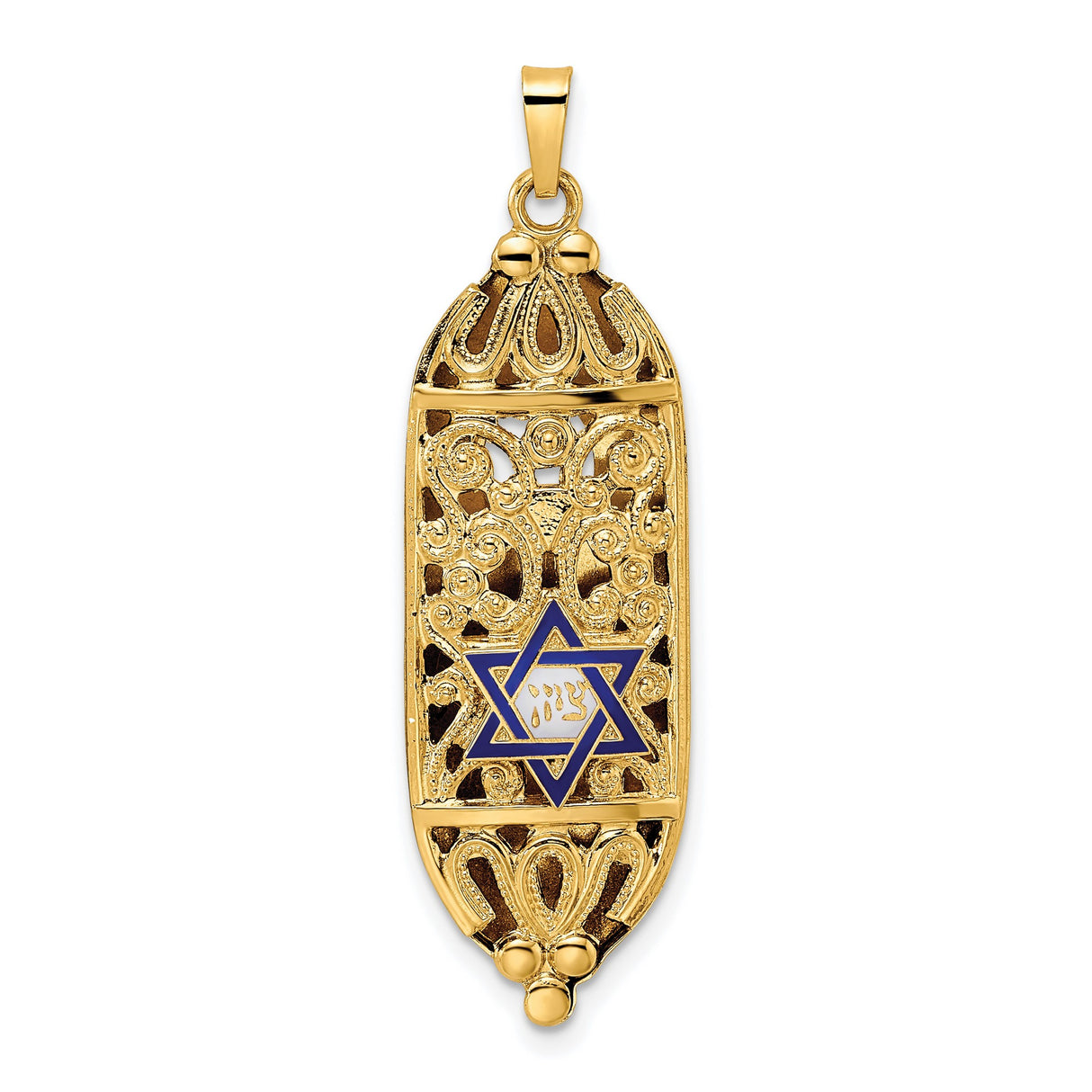 14k Yellow Gold Mezuzah Pendant with Filigree, Blue Star of David, Hebrew Lettering