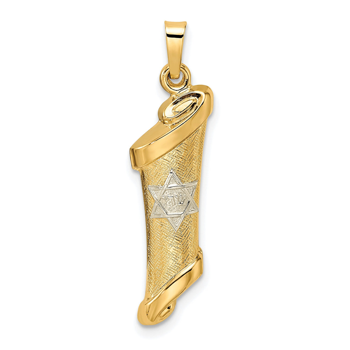 14k Two-Tone Gold Mezuzah Pendant with Star of David and Hebrew Letter Shin