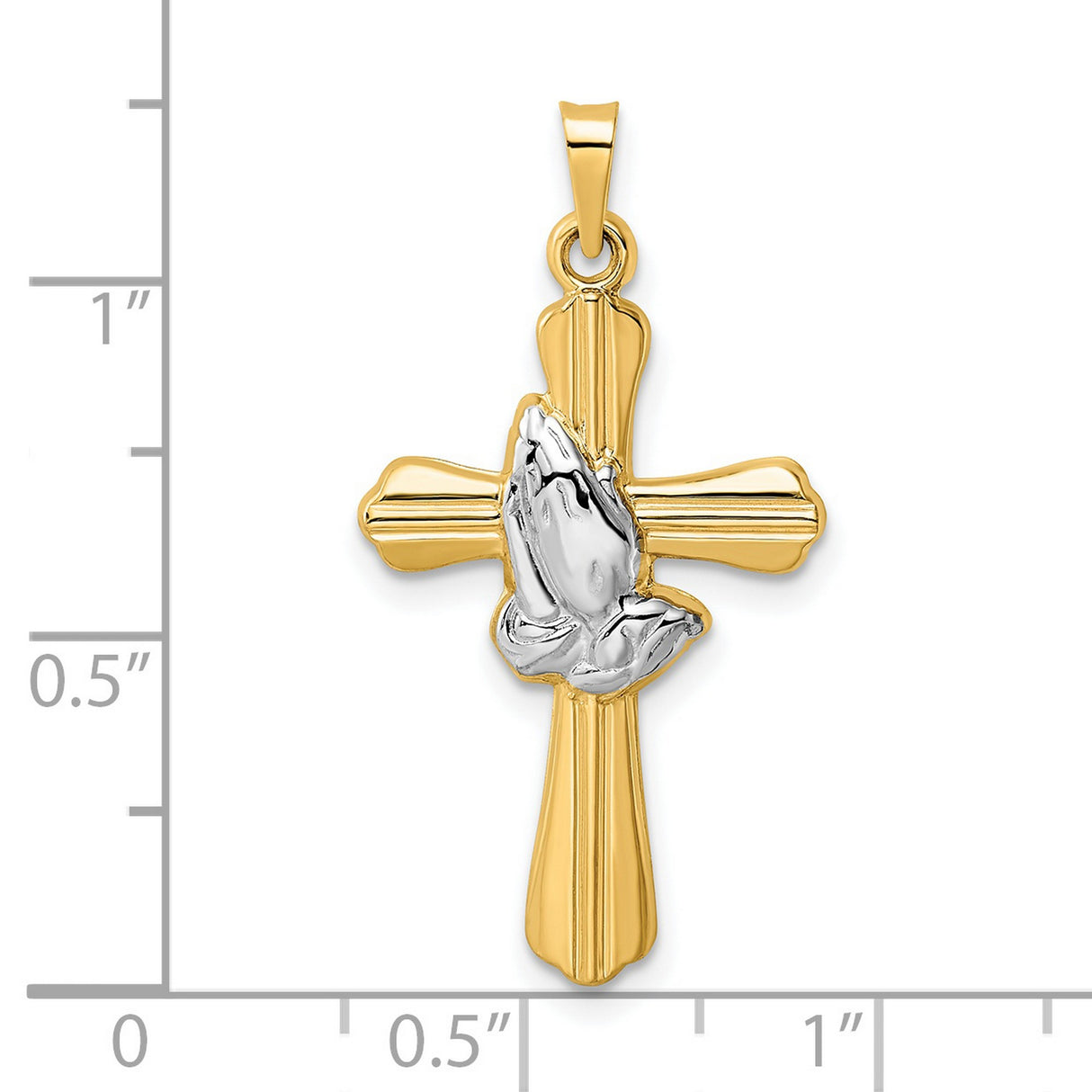 14k Yellow Gold and Rhodium Cross Pendant with Praying Hands, Christian Symbol of Faith