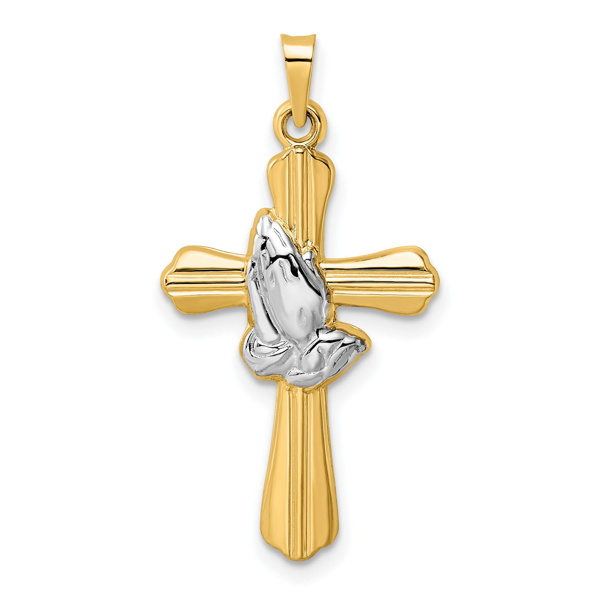 14k Yellow Gold and Rhodium Cross Pendant with Praying Hands, Christian Symbol of Faith
