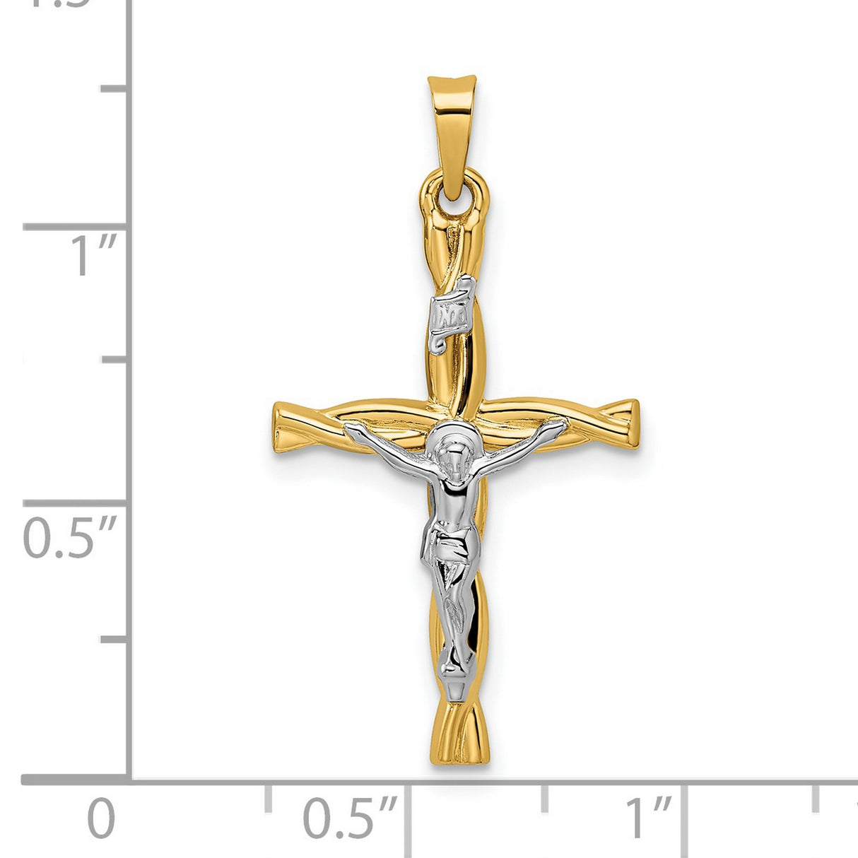 14k Two-Tone Gold Crucifix Cross Pendant with INRI Inscription and Twisted Design