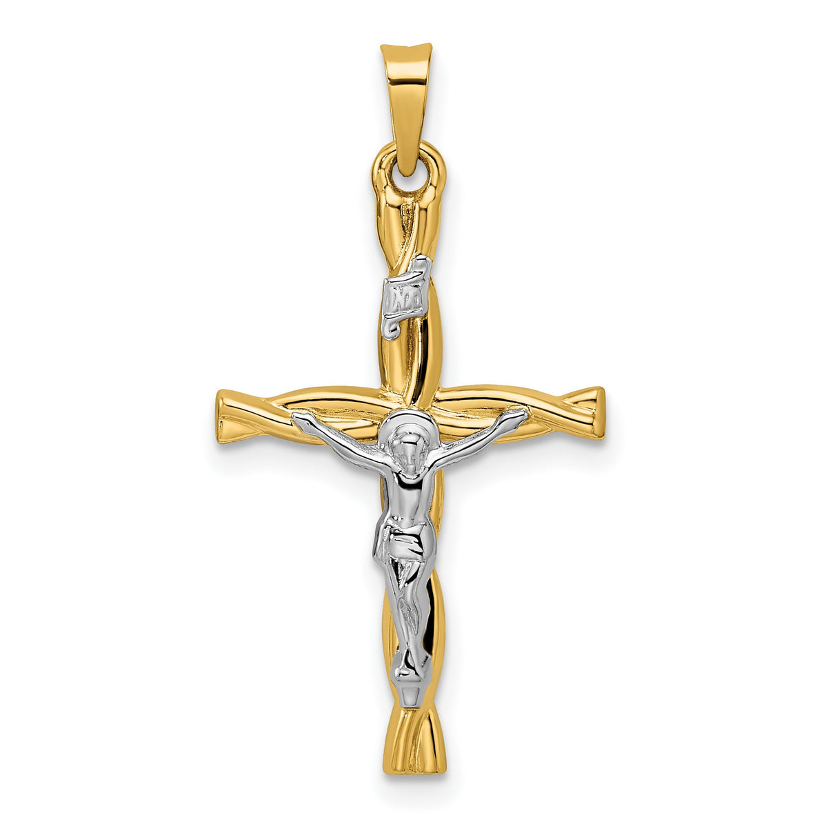 14k Two-Tone Gold Crucifix Cross Pendant with INRI Inscription and Twisted Design