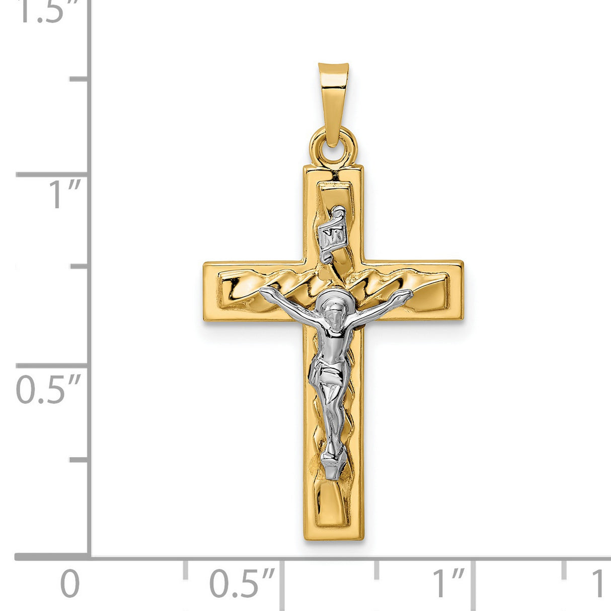 14k Yellow and White Gold Crucifix Pendant with INRI Jesus Figure, Twisted Christian Cross Charm