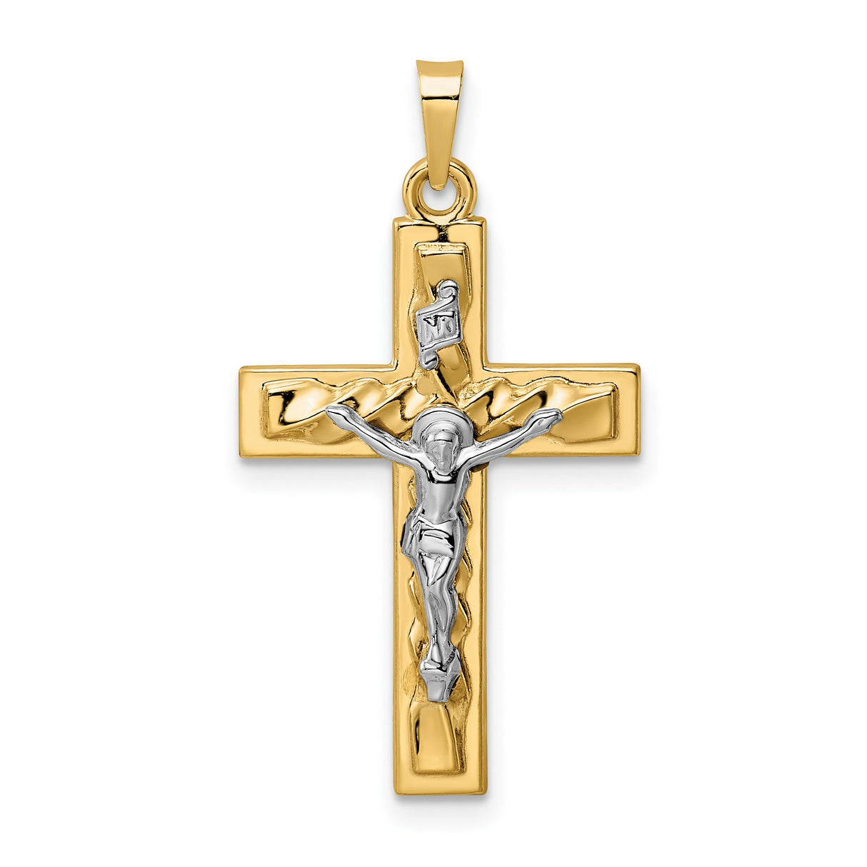 14k Yellow and White Gold Crucifix Pendant with INRI Jesus Figure, Twisted Christian Cross Charm