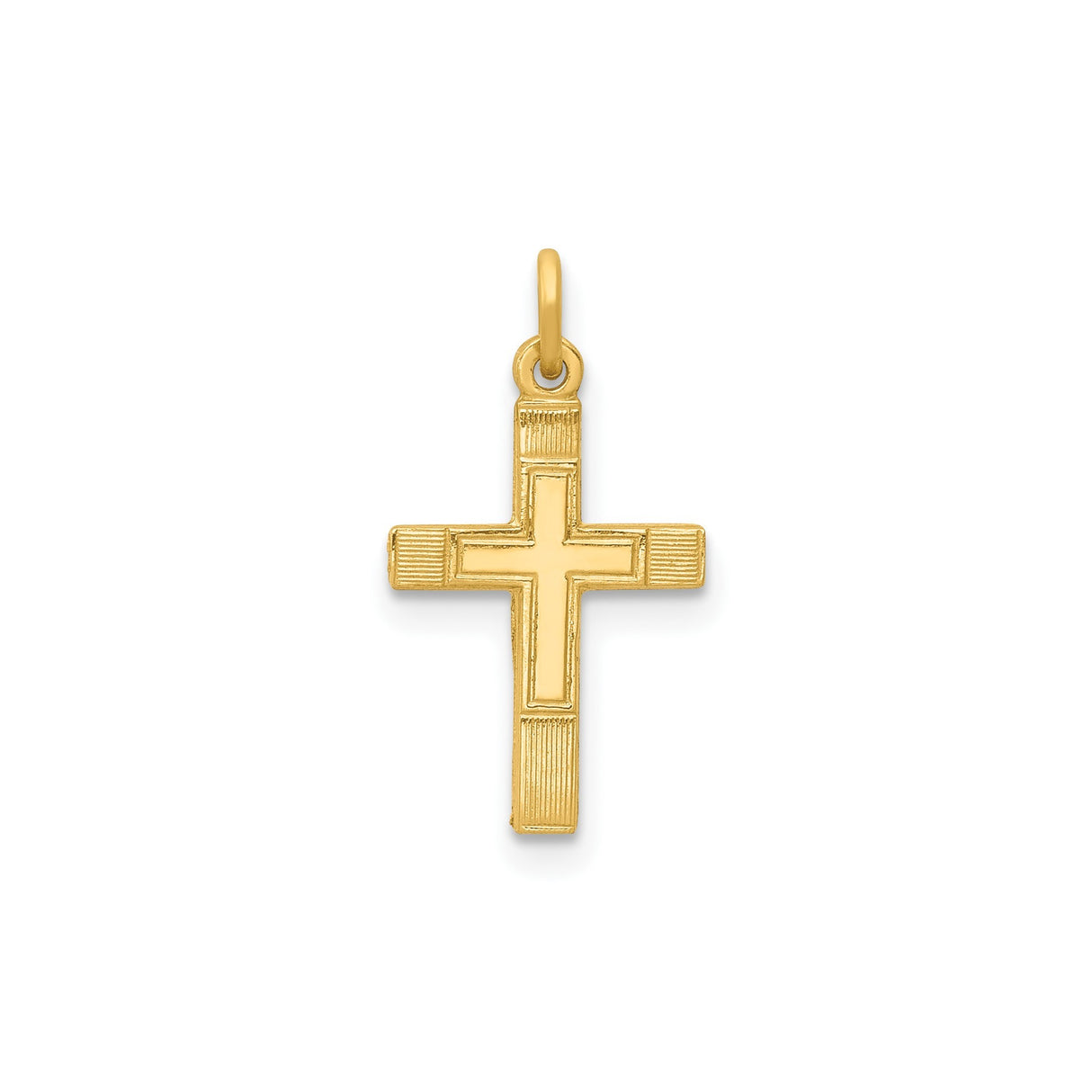 14k Yellow Gold Cross Pendant with Textured Border and Polished Center, Religious Design