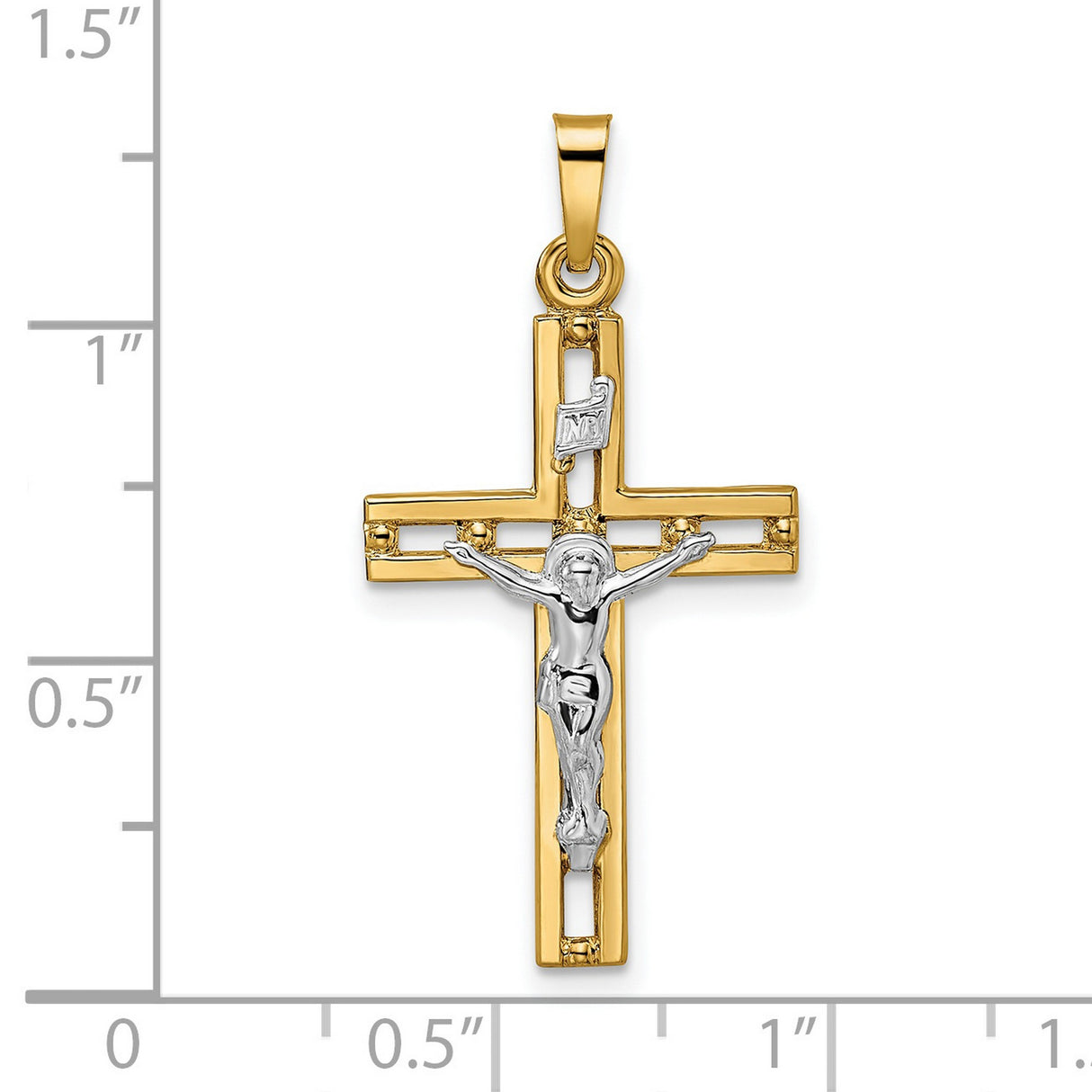 14k Two-Tone Gold Crucifix Pendant with INRI Detail Featuring Jesus on Cross