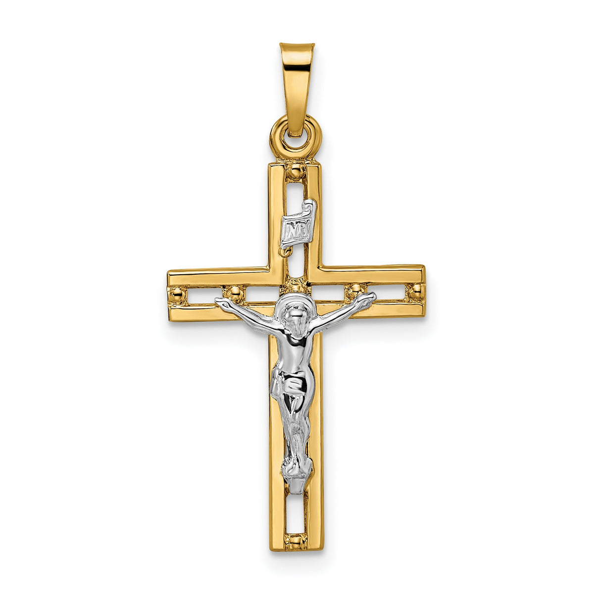 14k Two-Tone Gold Crucifix Pendant with INRI Detail Featuring Jesus on Cross