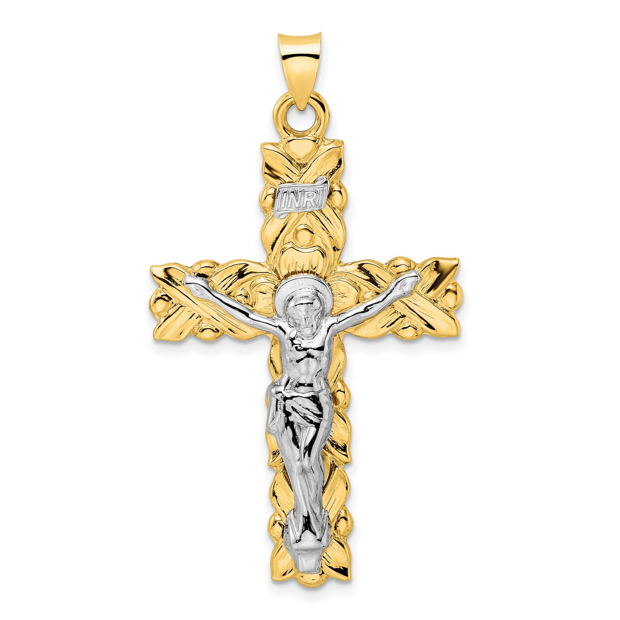 14k Two-Tone Gold Crucifix Pendant with INRI Cross and Jesus Figure Religious Charm