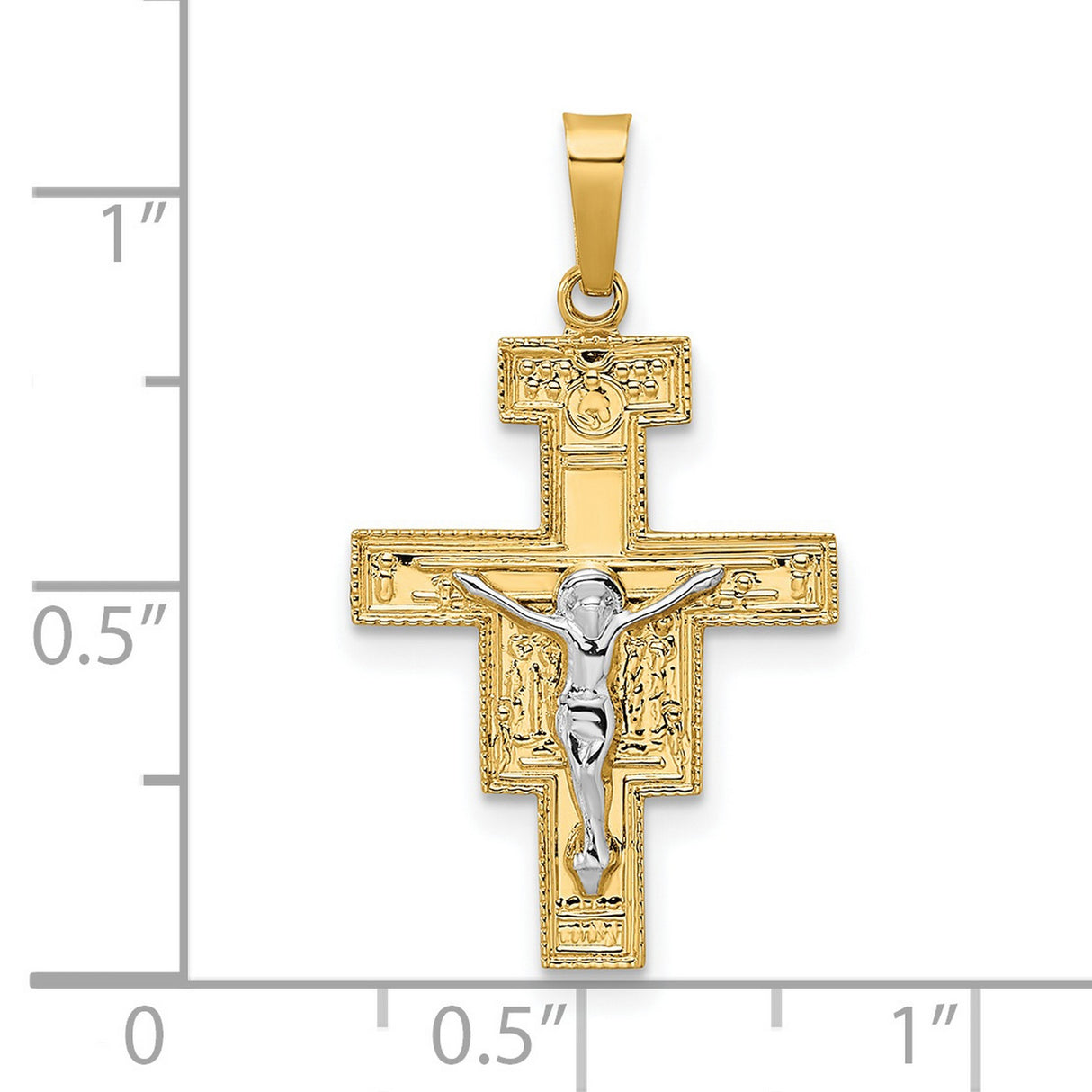 14k Two-Tone Gold Crucifix Pendant with White Christ Figure, Classic Christian Cross Charm