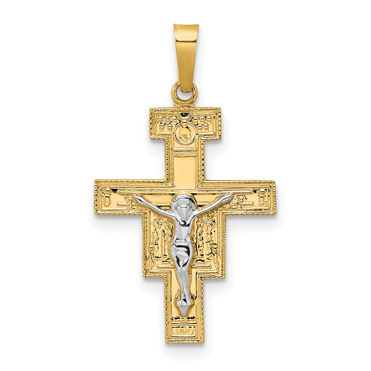 14k Two-Tone Gold Crucifix Pendant with White Christ Figure, Classic Christian Cross Charm