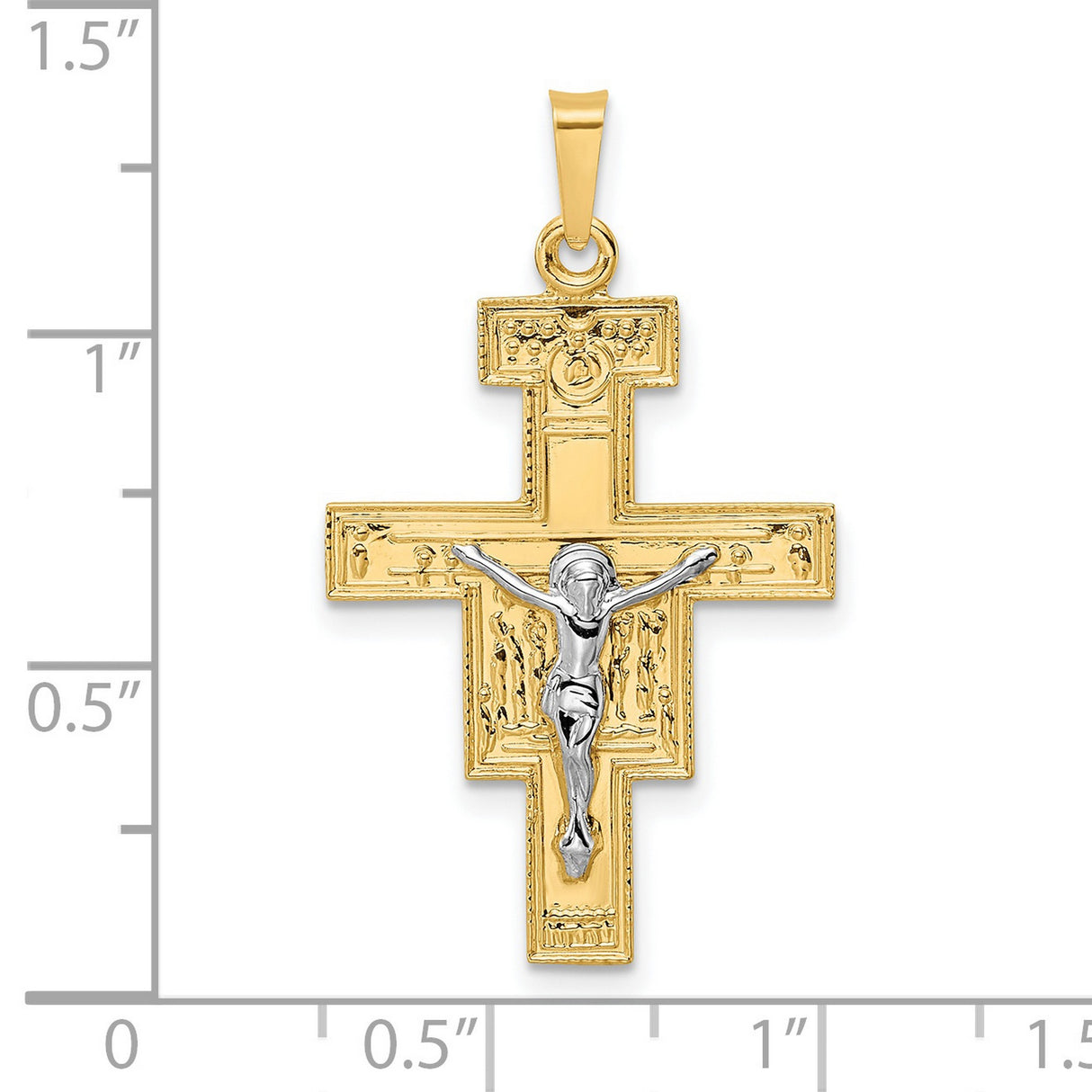 14k White and Yellow Gold Crucifix Cross Pendant with Jesus and Beaded Edge