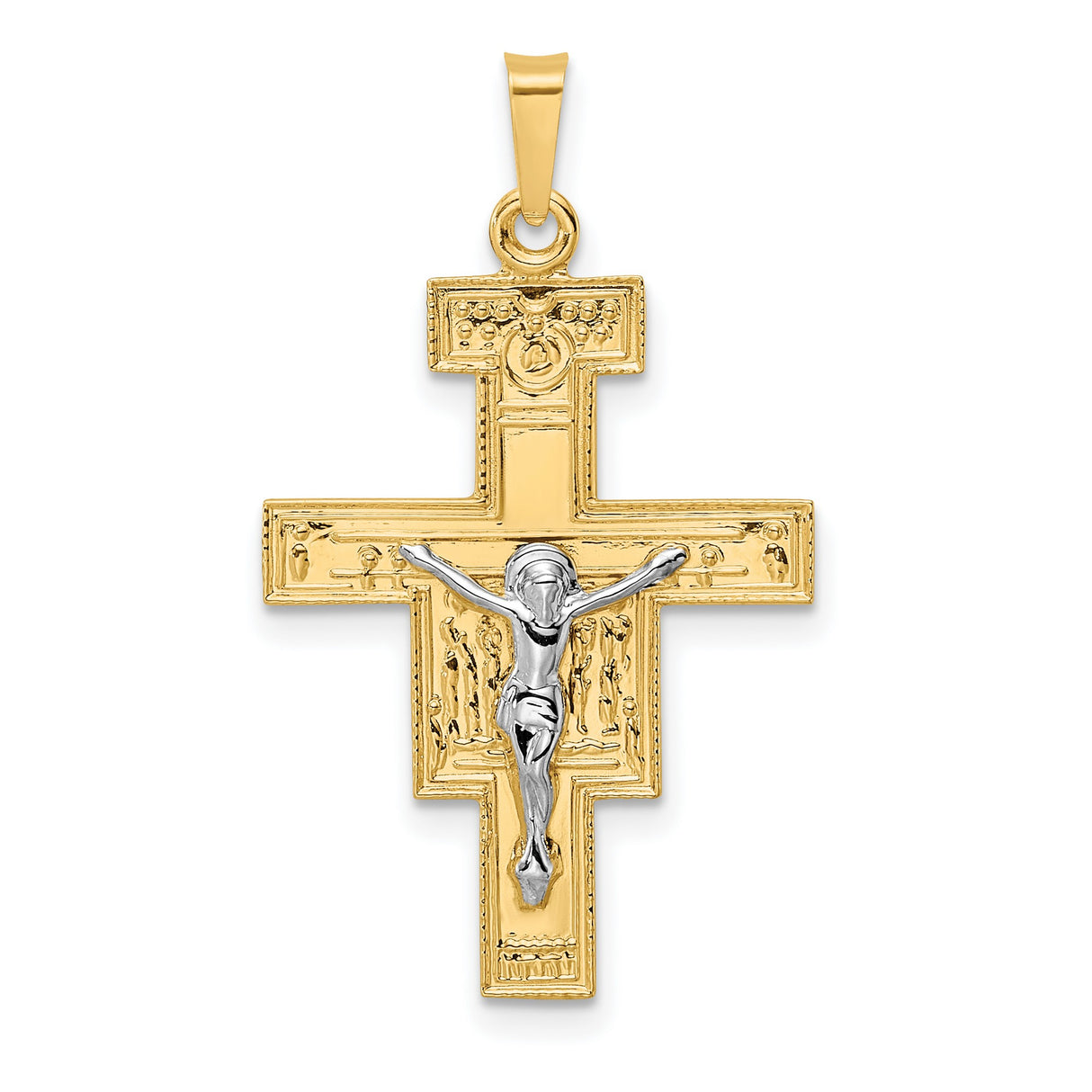 14k White and Yellow Gold Crucifix Cross Pendant with Jesus and Beaded Edge