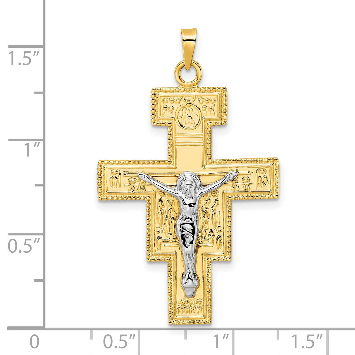14k Two-Tone Gold Crucifix Pendant with Jesus on Cross, San Damiano Religious Charm