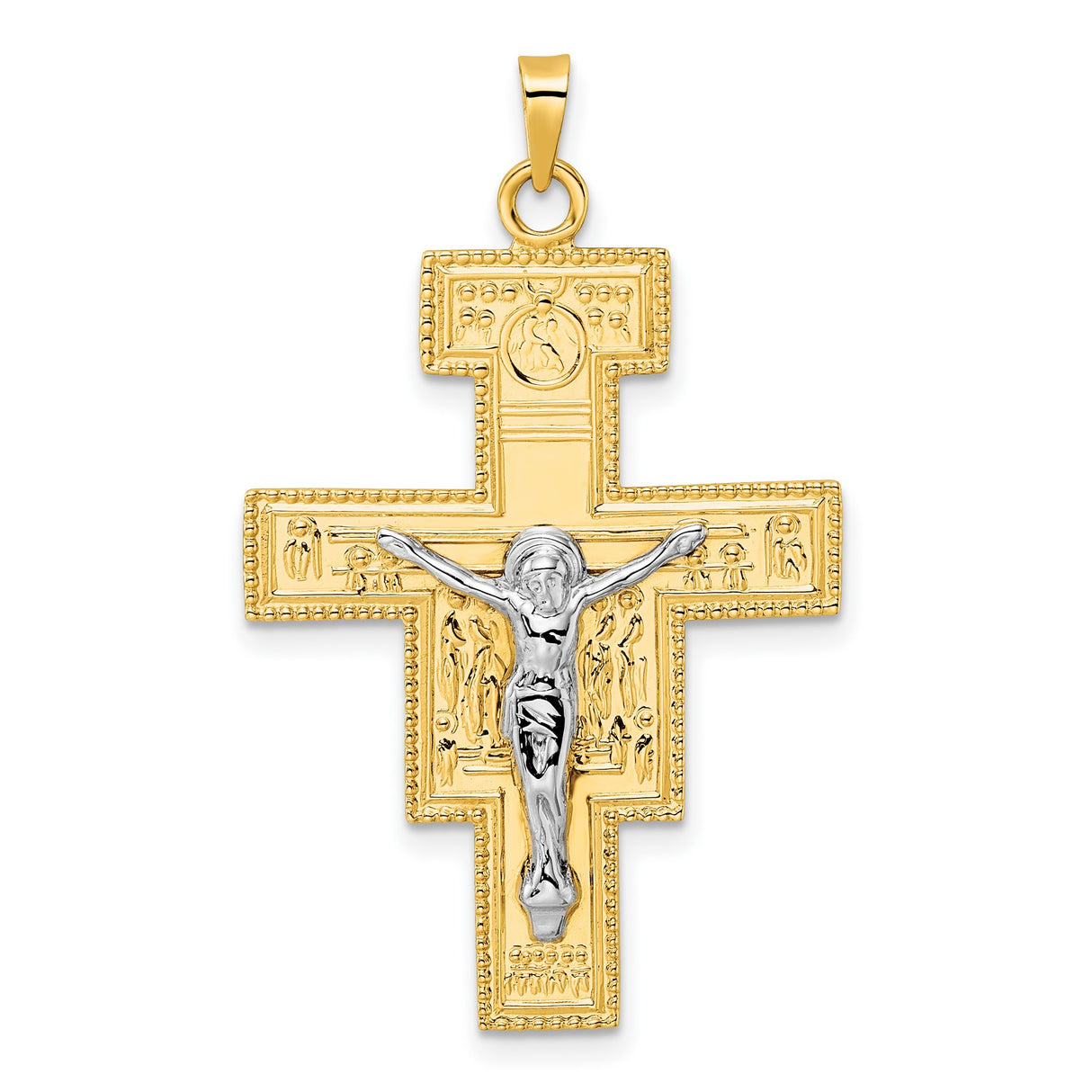 14k Two-Tone Gold Crucifix Pendant with Jesus on Cross, San Damiano Religious Charm