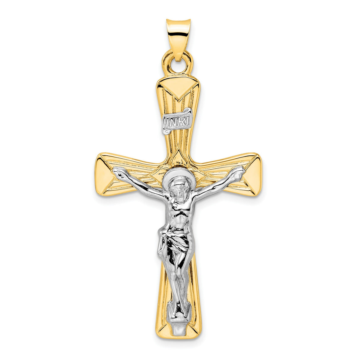 14k Two-Tone Gold Crucifix Pendant with INRI Engraving and Jesus on Cross