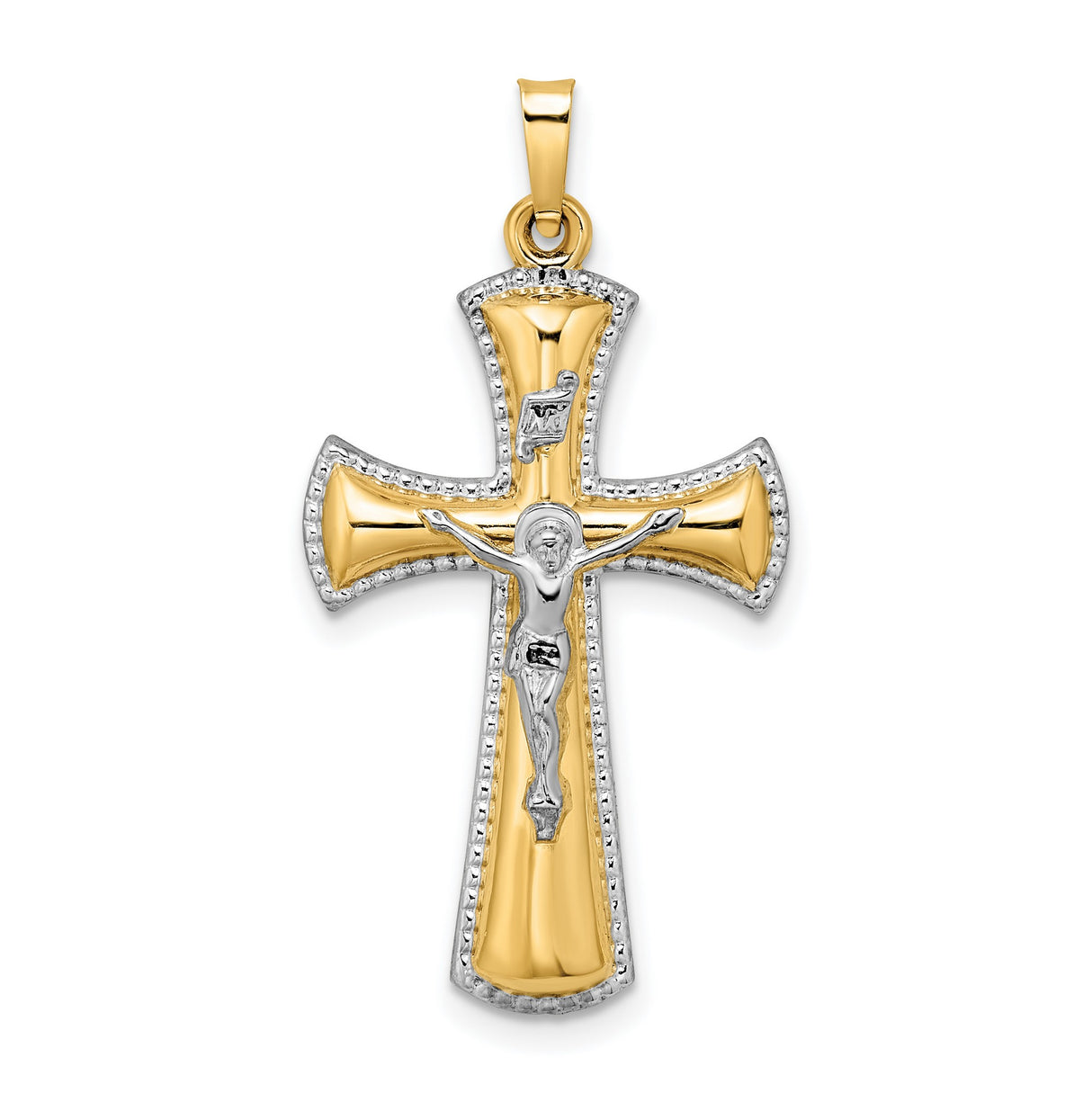 14k Multi-Tone Gold Crucifix Cross Pendant with INRI and Sculpted Christ Figure