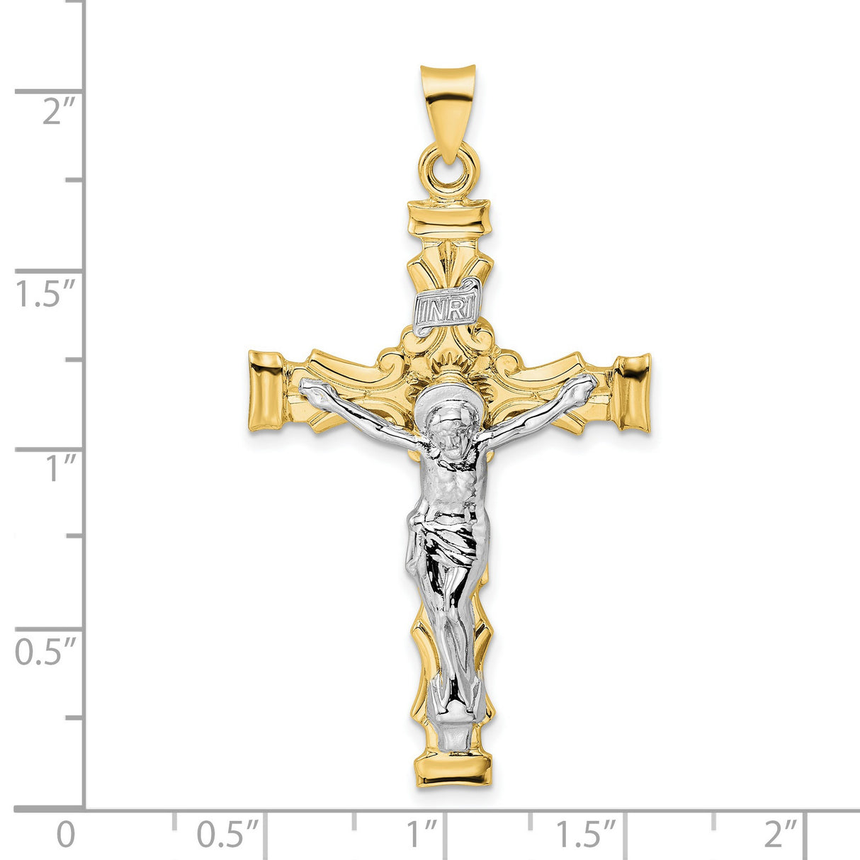 14k Two-Tone Gold Crucifix Cross Pendant with INRI and Jesus Figure Design