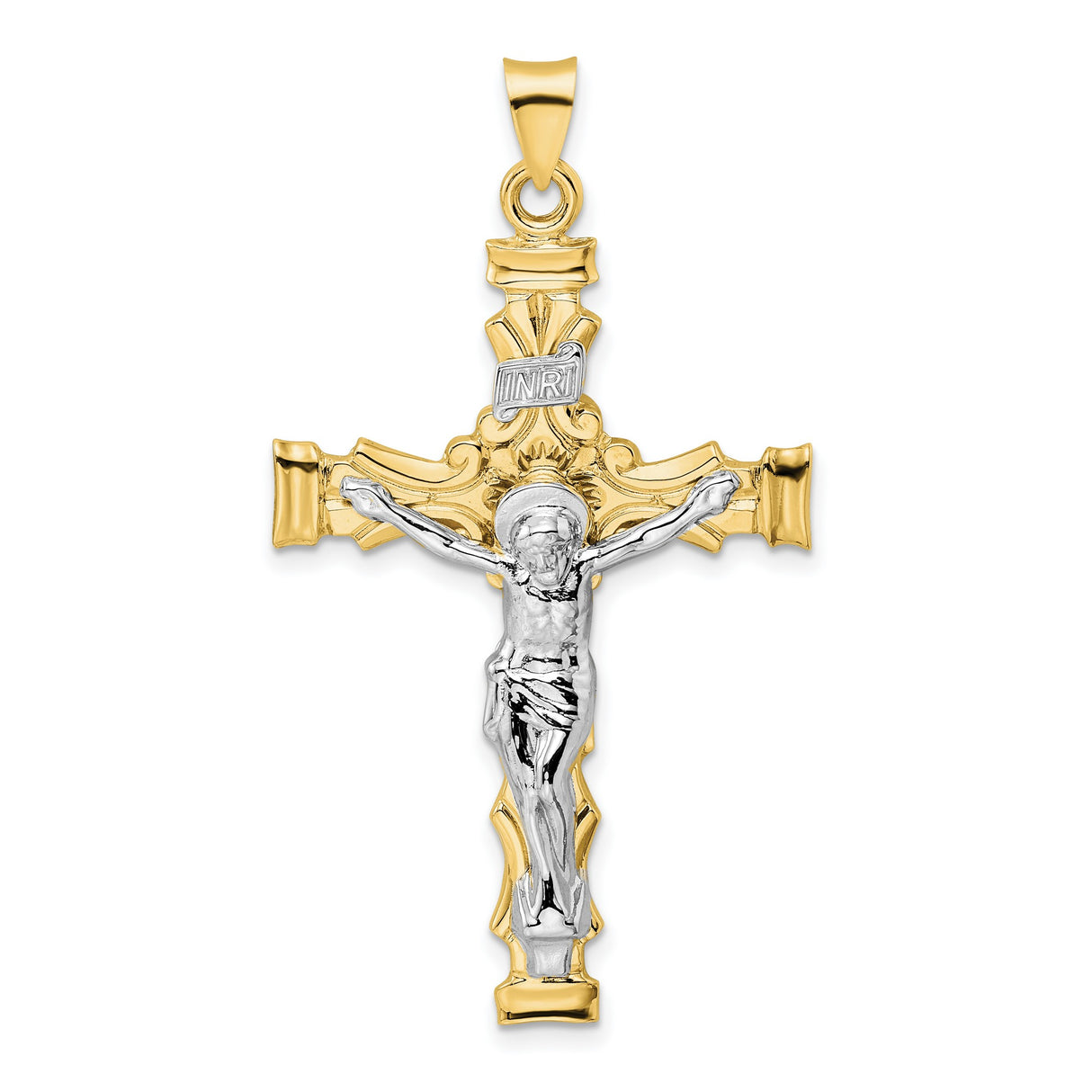 14k Two-Tone Gold Crucifix Cross Pendant with INRI and Jesus Figure Design