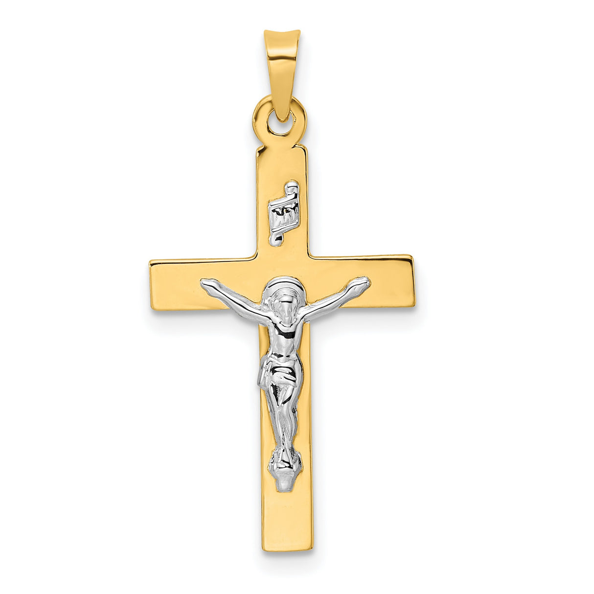 14k Two-Tone Gold Crucifix Cross Pendant with INRI and Christ Figure - Catholic Religious Jewelry