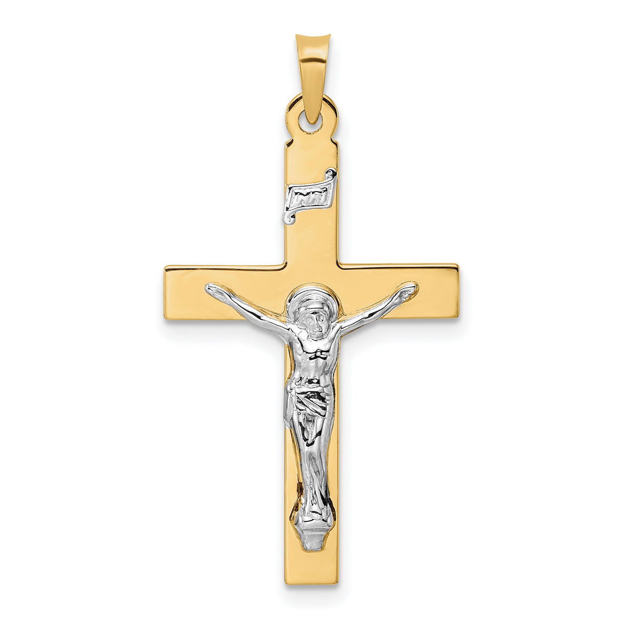 14k Two-Tone Gold Crucifix Pendant with INRI Cross and Jesus Figure for Men and Women