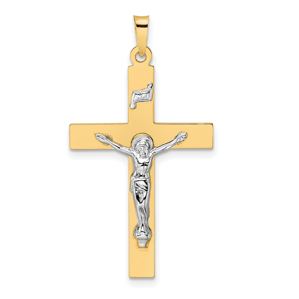 14k Multi-Tone Gold Crucifix Pendant with INRI and Jesus Figure Religious Design