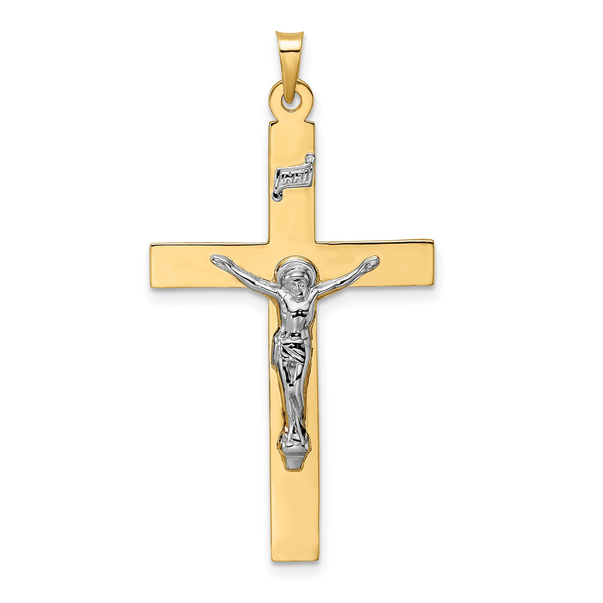 14k Two-Tone Gold Crucifix Pendant Featuring Jesus on Latin Cross INRI Design