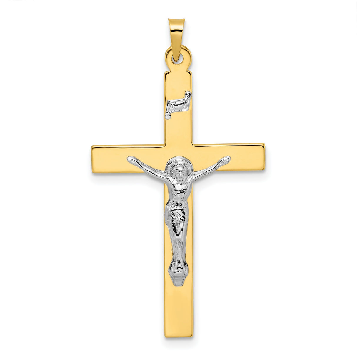 14k Two-Tone Gold Crucifix Pendant with INRI and Jesus Figure Religious Charm