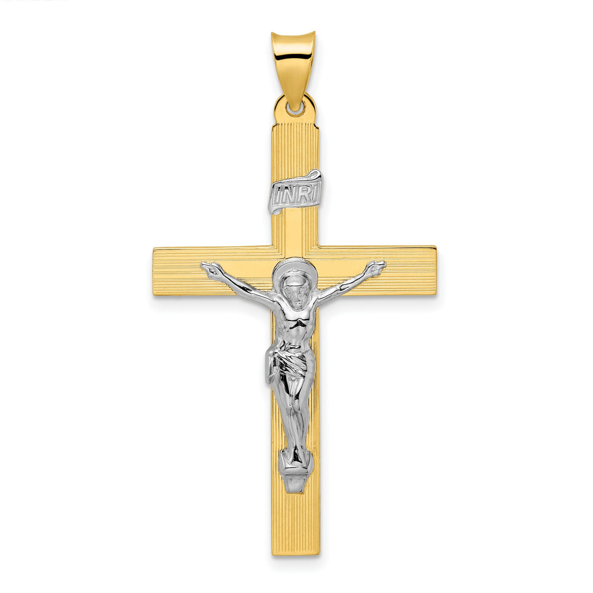 14k Two-Tone Gold Crucifix Pendant with INRI and Jesus on Cross Christian Design