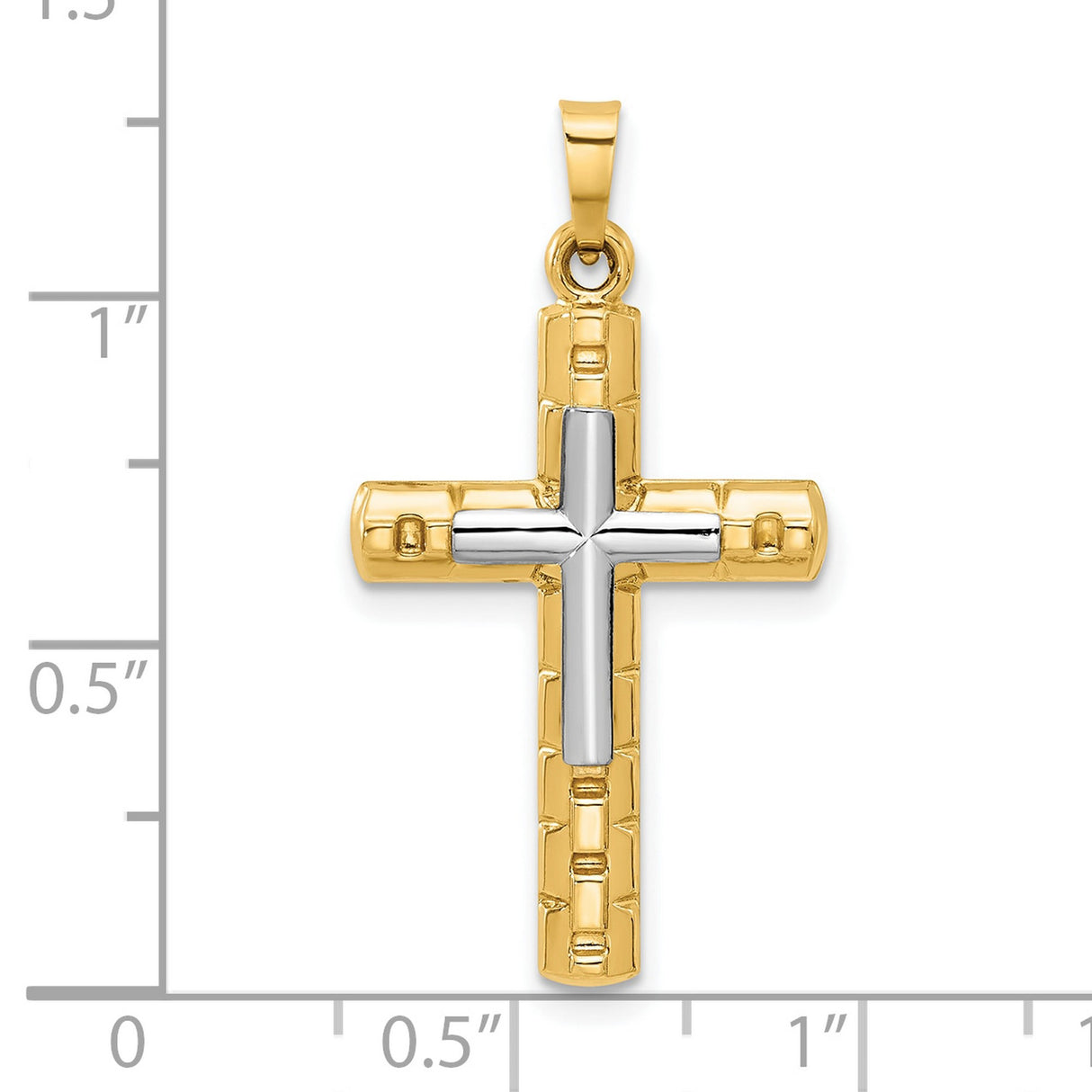 14k Two-Tone Gold Cross Pendant, Raised White Gold on Textured Yellow Base, Block Design for Men