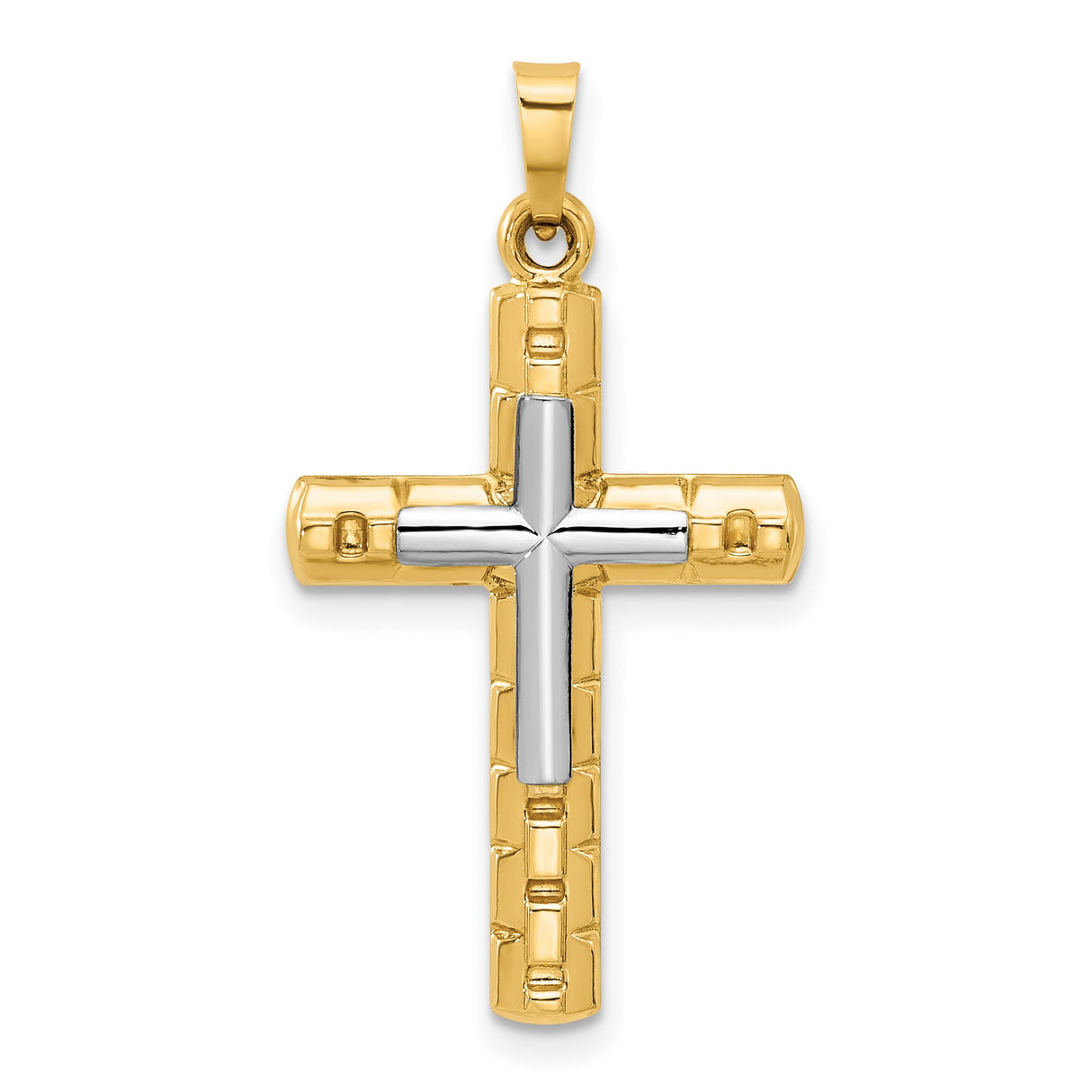 14k Two-Tone Gold Cross Pendant, Raised White Gold on Textured Yellow Base, Block Design for Men