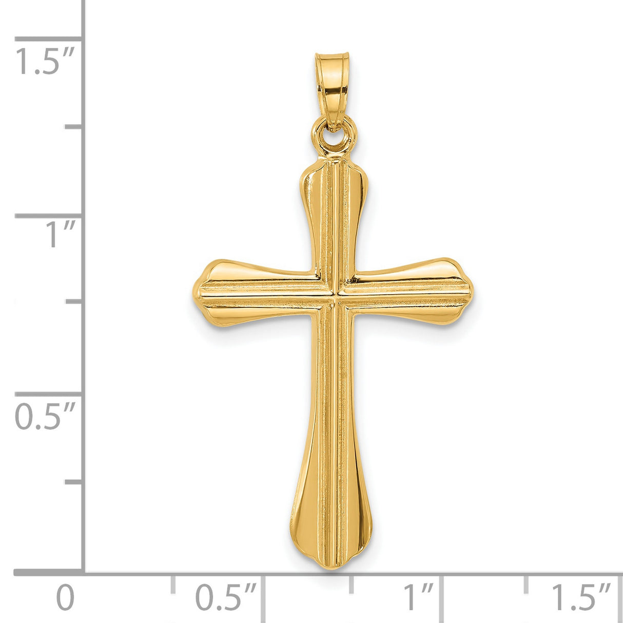 14k Yellow Gold Cross Pendant with Polished Ridges, Flared Christian Design for Men or Women