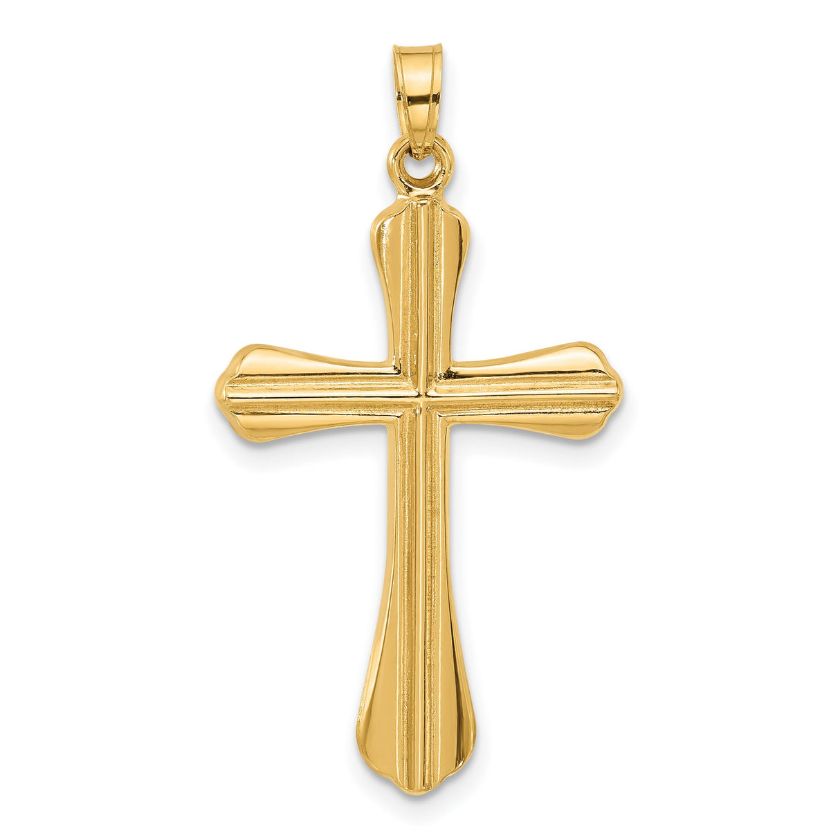 14k Yellow Gold Cross Pendant with Polished Ridges, Flared Christian Design for Men or Women