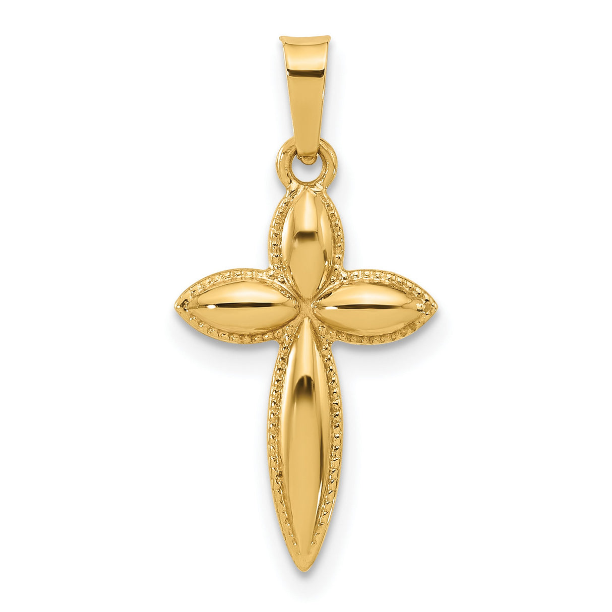 14k Yellow Gold Cross Pendant, Polished Marquise Style with Textured Edge, Womens Religious Jewelry