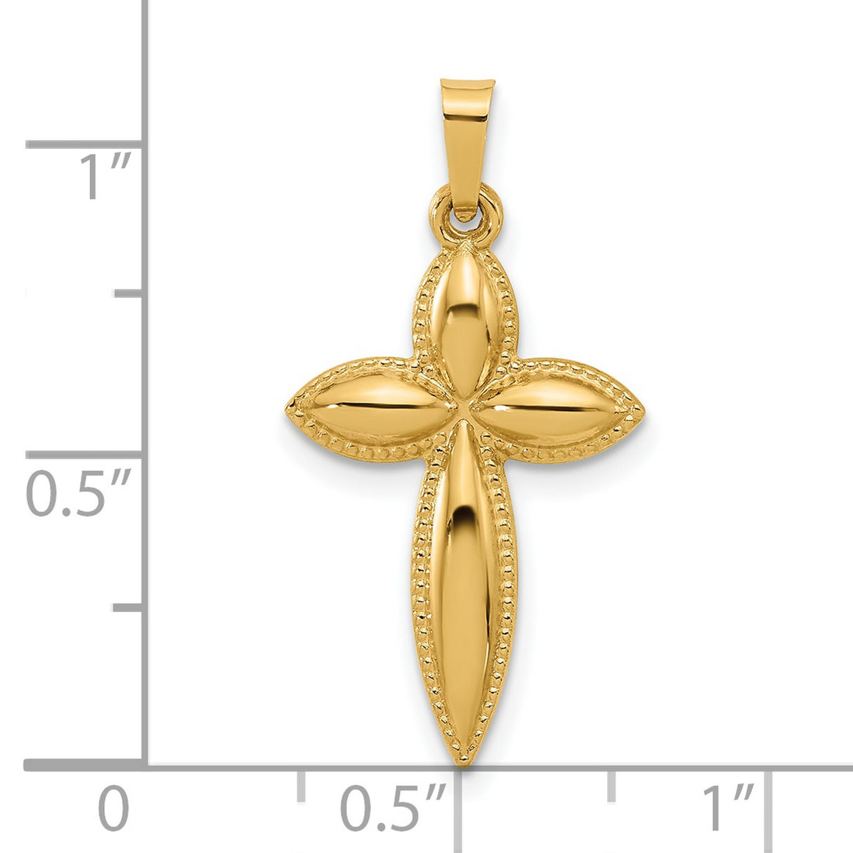 14k Yellow Gold Cross Pendant with Marquise Petal Design and Beaded Edge Detail