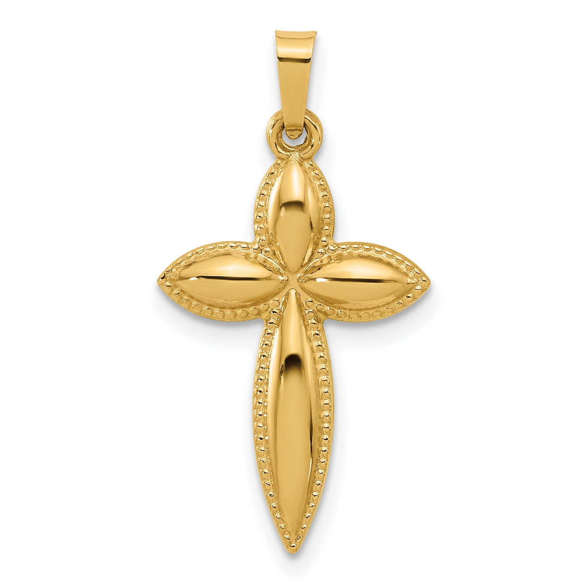 14k Yellow Gold Cross Pendant with Marquise Petal Design and Beaded Edge Detail