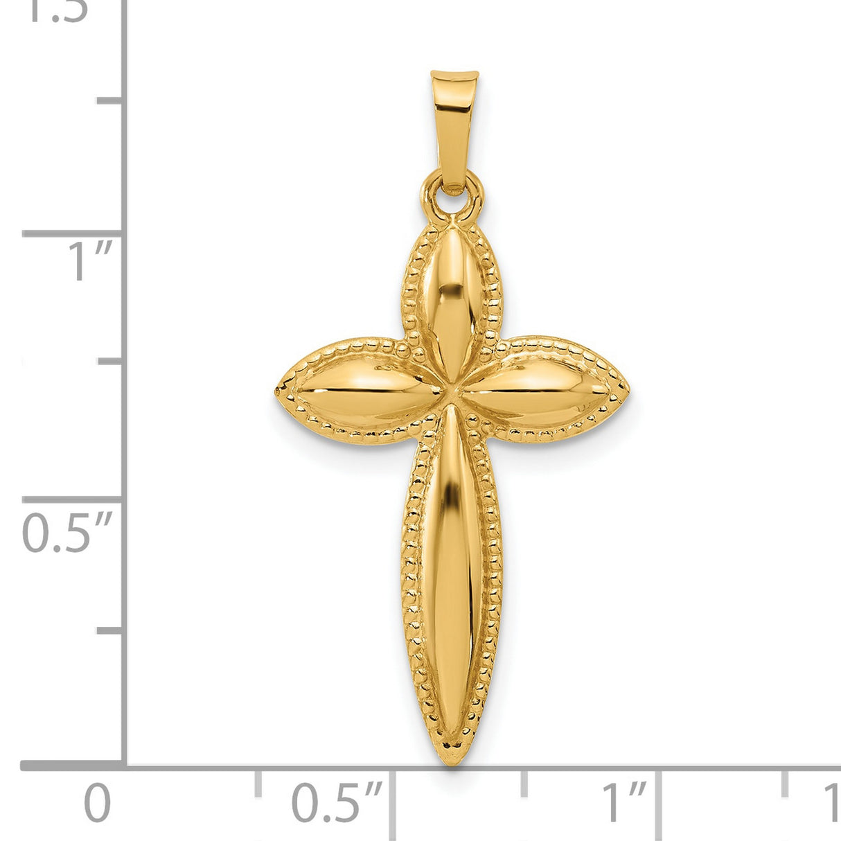 14k Yellow Gold Marquise Cross Pendant with Beaded Edging, Polished Religious Charm for Women