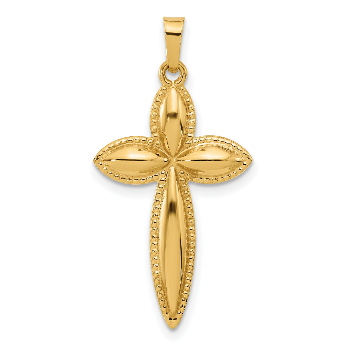 14k Yellow Gold Marquise Cross Pendant with Beaded Edging, Polished Religious Charm for Women