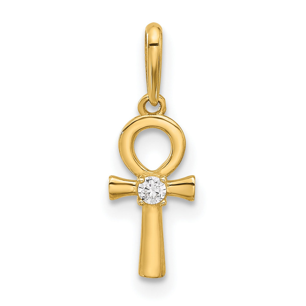 14k Yellow Gold Ankh Cross Pendant with Cubic Zirconia, Egyptian Eternal Life Symbol