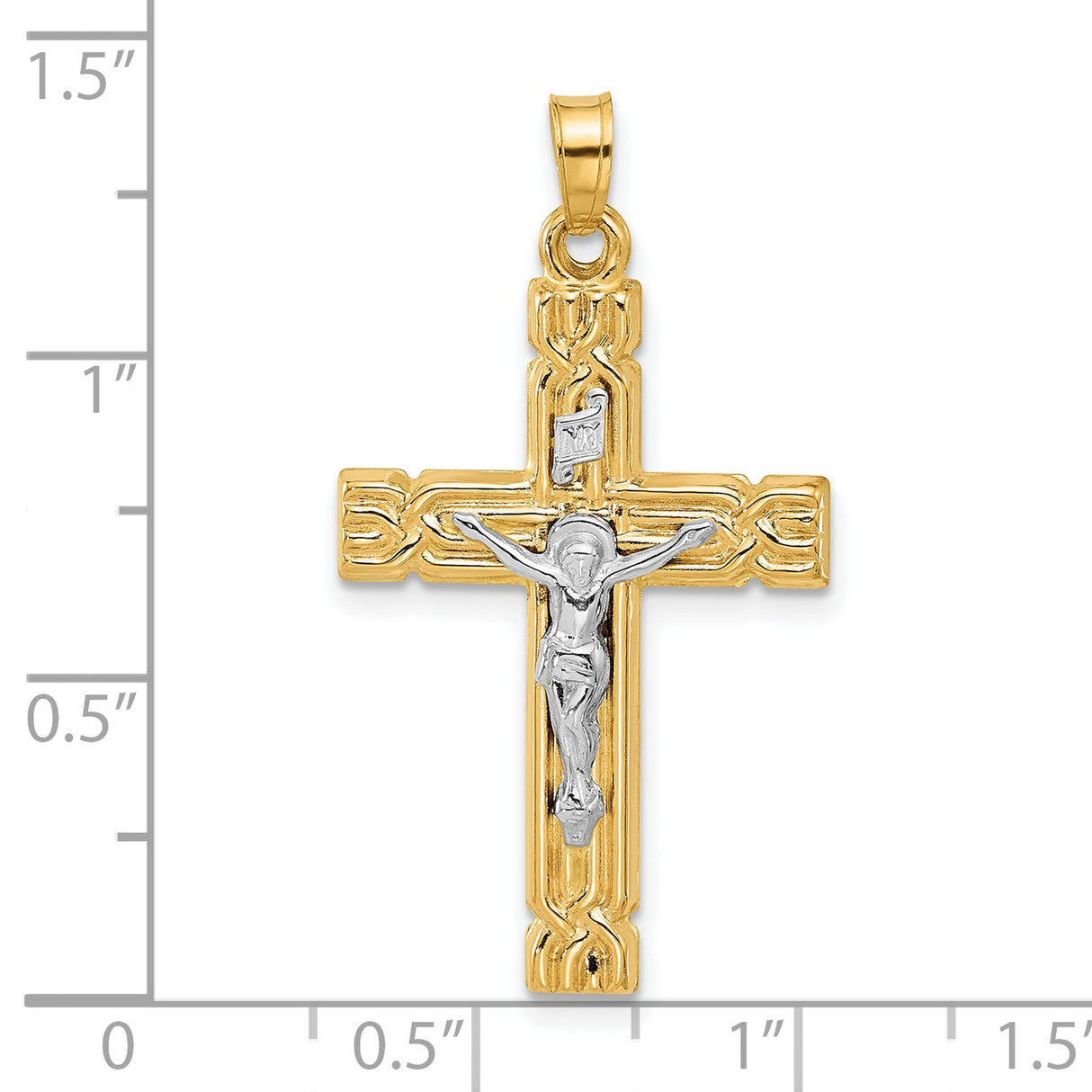 14k Two-Tone Gold Crucifix Pendant with INRI Jesus Figure, Baroque Religious Design