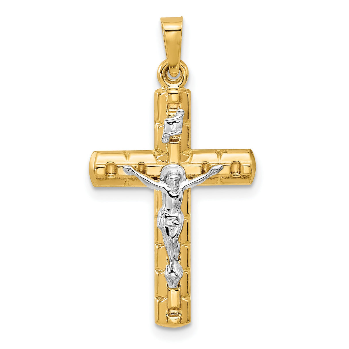 14k Two-Tone Gold Crucifix Cross Pendant, Dimensional Catholic Jesus Design
