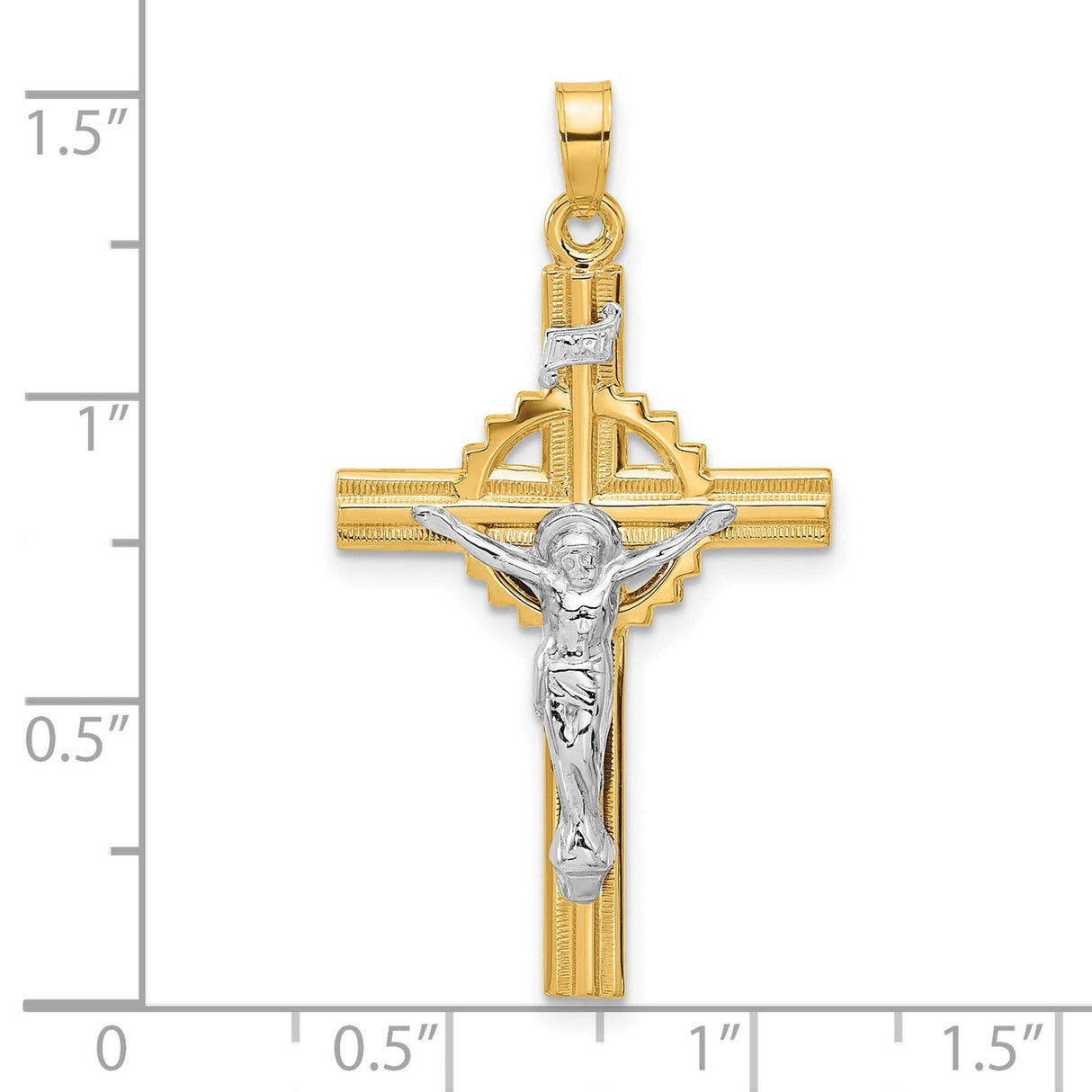 14k Two-Tone Gold Crucifix Pendant with Textured Hollow Cross and INRI Jesus Figure