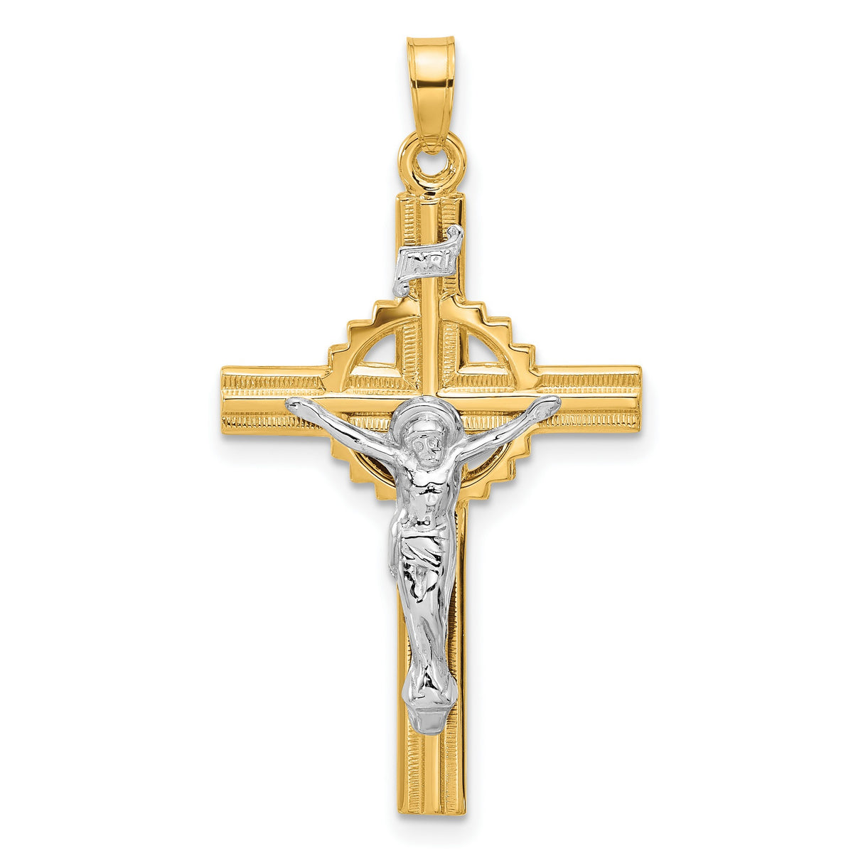 14k Two-Tone Gold Crucifix Pendant with Textured Hollow Cross and INRI Jesus Figure