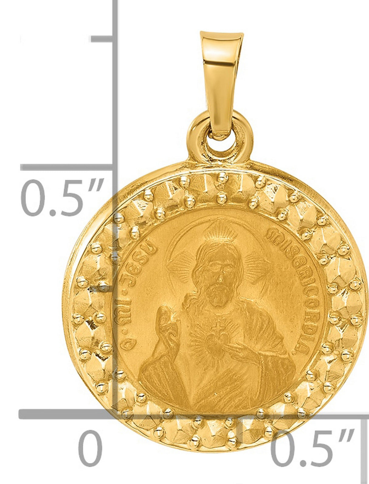 14k Yellow Gold Sacred Heart of Jesus Pendant with Radiant Halo and Latin Inscription