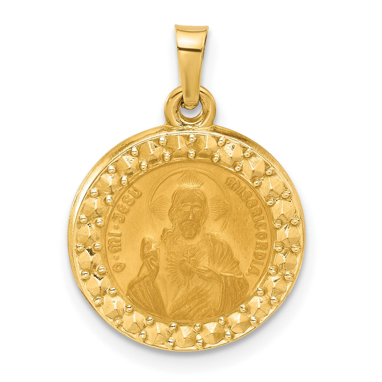 14k Yellow Gold Sacred Heart of Jesus Pendant with Radiant Halo and Latin Inscription