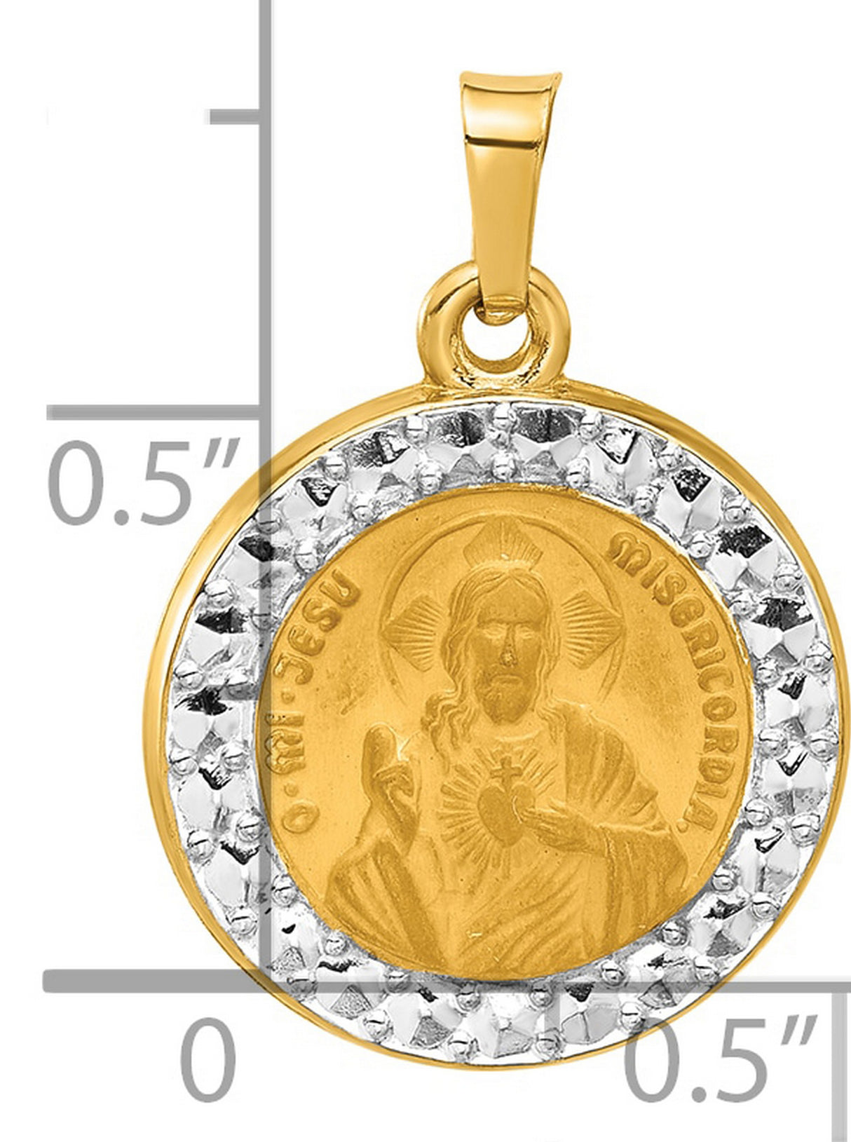 14k Multi-Tone Gold Sacred Heart of Jesus Pendant with Rhodium Accents, Spanish Inscription
