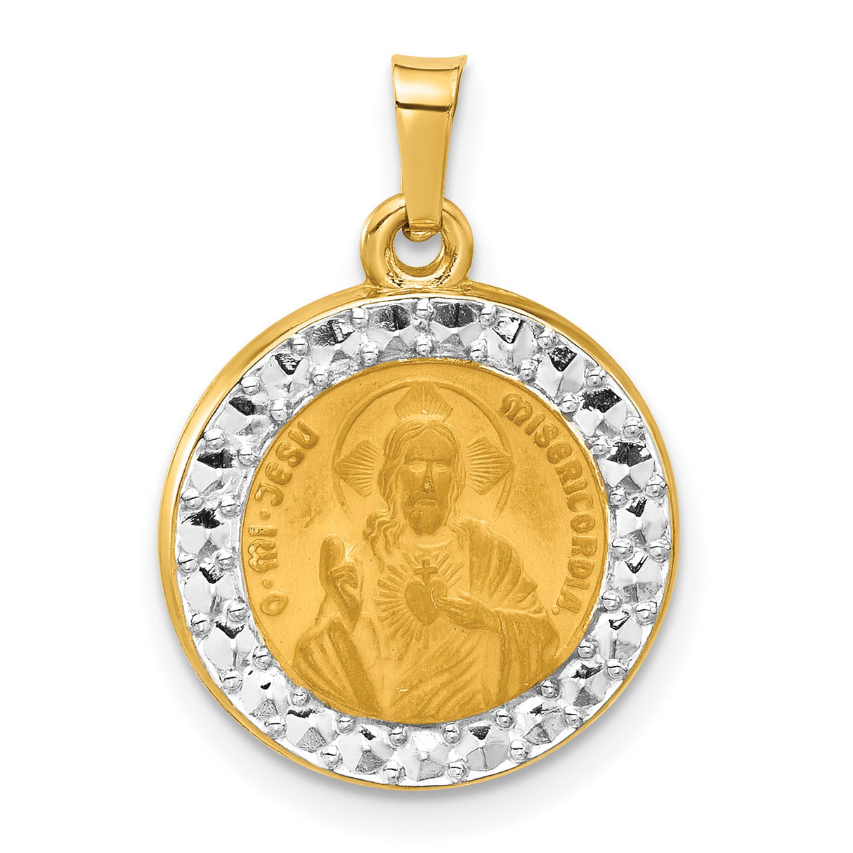 14k Multi-Tone Gold Sacred Heart of Jesus Pendant with Rhodium Accents, Spanish Inscription