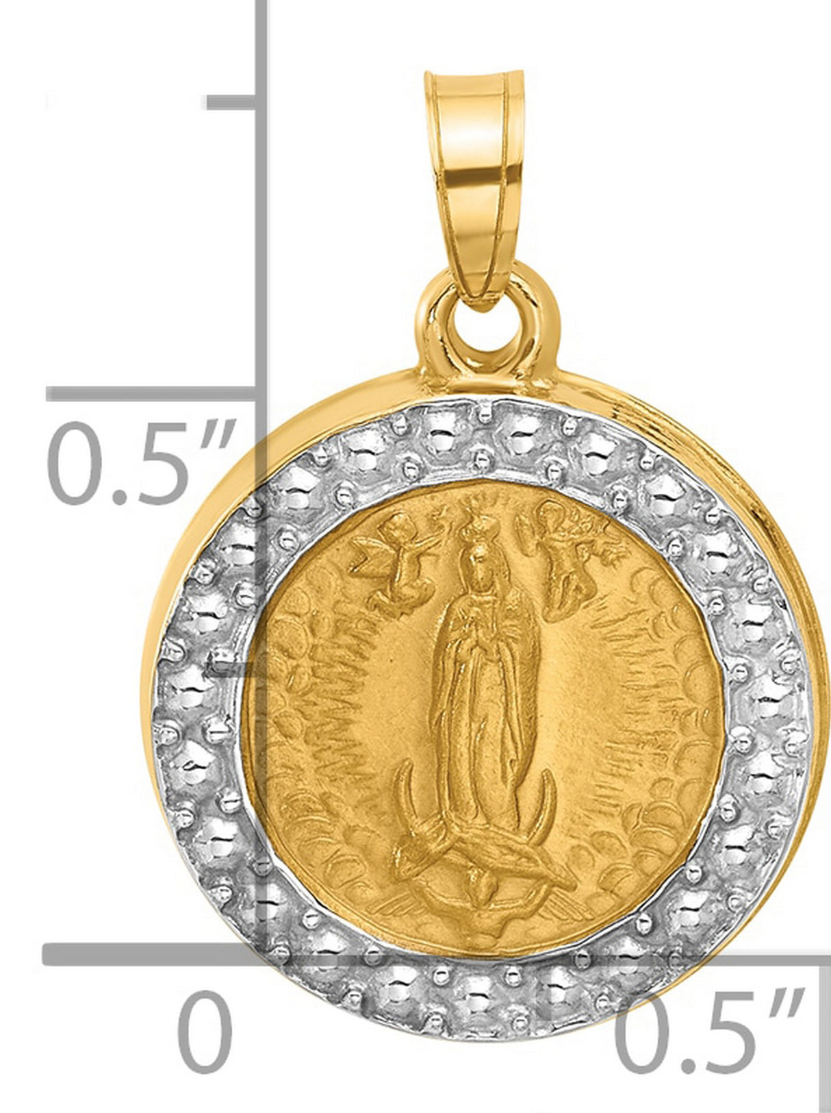 14k Multi-Tone Gold Virgin Mary Pendant with Angels, Rhodium Plated Religious Medal Charm